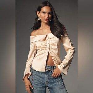 ✨ Anthropologie Off-the-Shoulder Collared Silky Shirt Sz XL